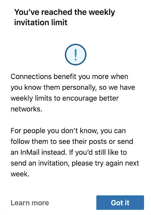 Current LinkedIn connection request limitations